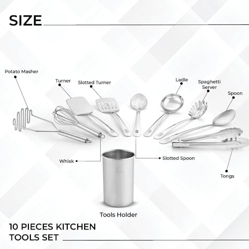 Avador Premium Stainless Steel Kitchen Tool Set with Holder for Cooking and Baking
| Easy To Clean Avador Set of 10 Sta