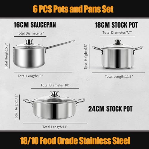 High-Quality Stainless Steel Pots and Pans Set for Induction Cooktops, 6 Piece Nonstick Kitchen Cookware, Nonstick, Dis